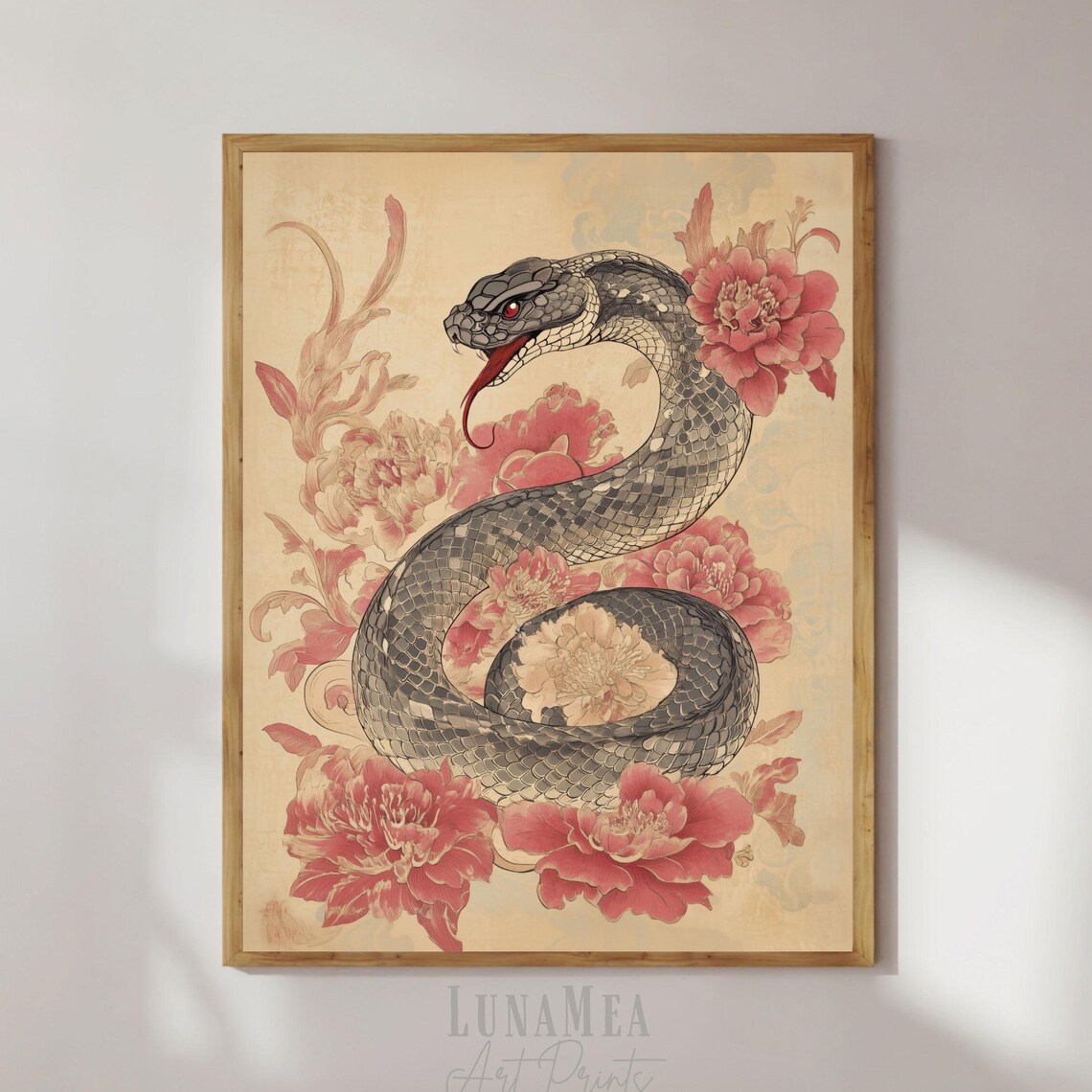 Chinese Zodiac Art Print Year Of The Snake 2025 Asian Wall Art With Flowers Lunar New Year Poster Feng Shui Decor 1
