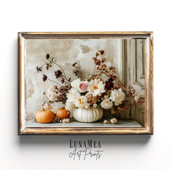 Fall Pumpkin Still Life Painting Autumn Flowers White Pumpkin Vase Wall Art