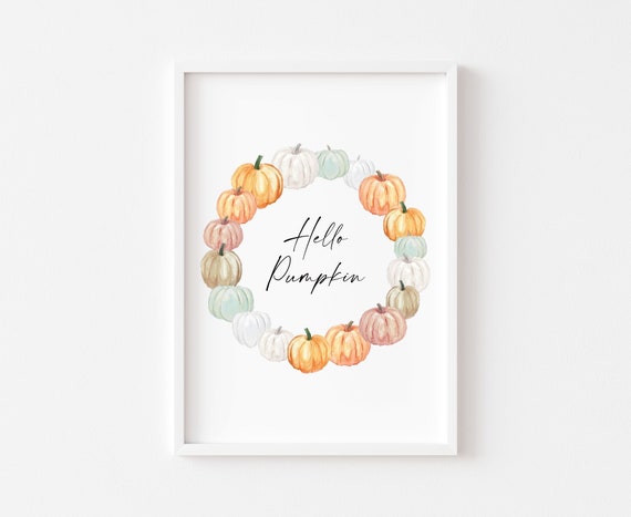 Hello Pumpkin Wreath Art Print, Autumn Decor