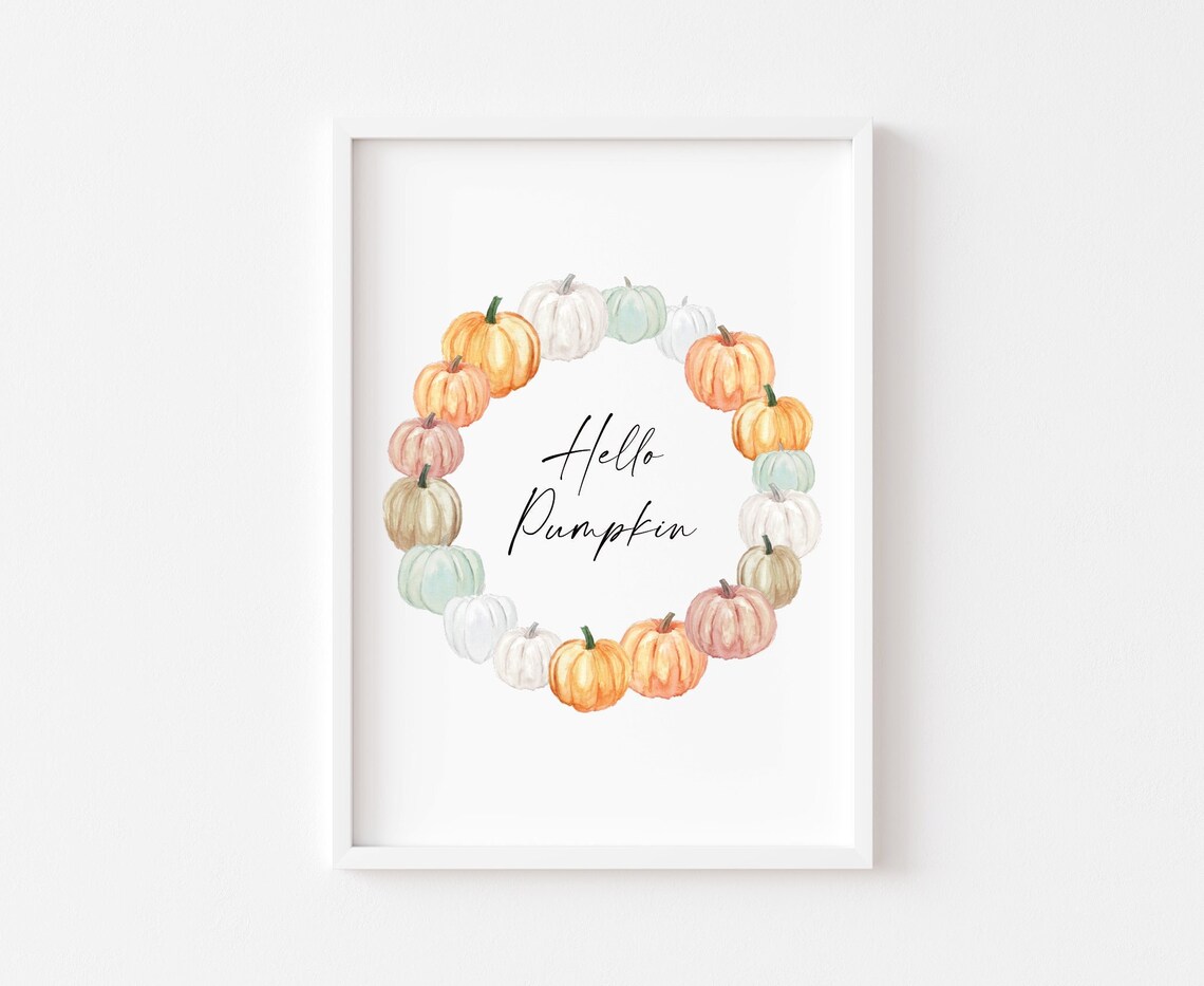 Hello Pumpkin Wreath Art Print, Autumn Decor