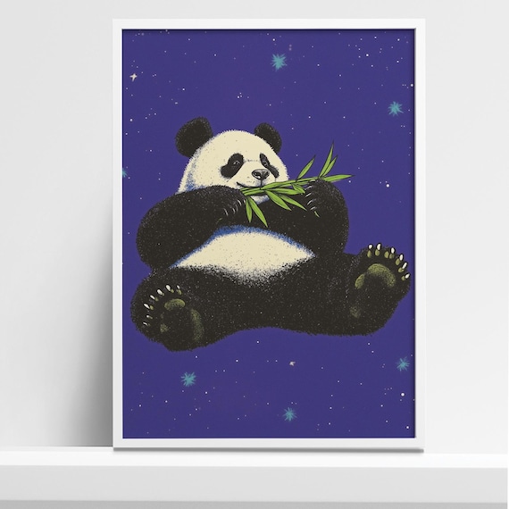 Adorable Panda Eating Bamboo Cute Animal Art Print With Starry Night Background