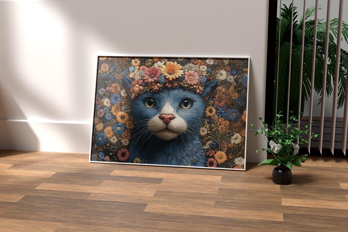 Blue Cat With Flower Crown Surrounded by Blooming Flowers Poster - Image 2