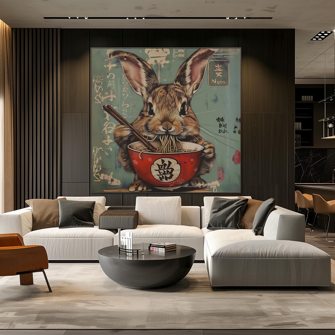 Cute Bunny Eating Ramen Poster, Kawaii Animal Art Print - Image 3