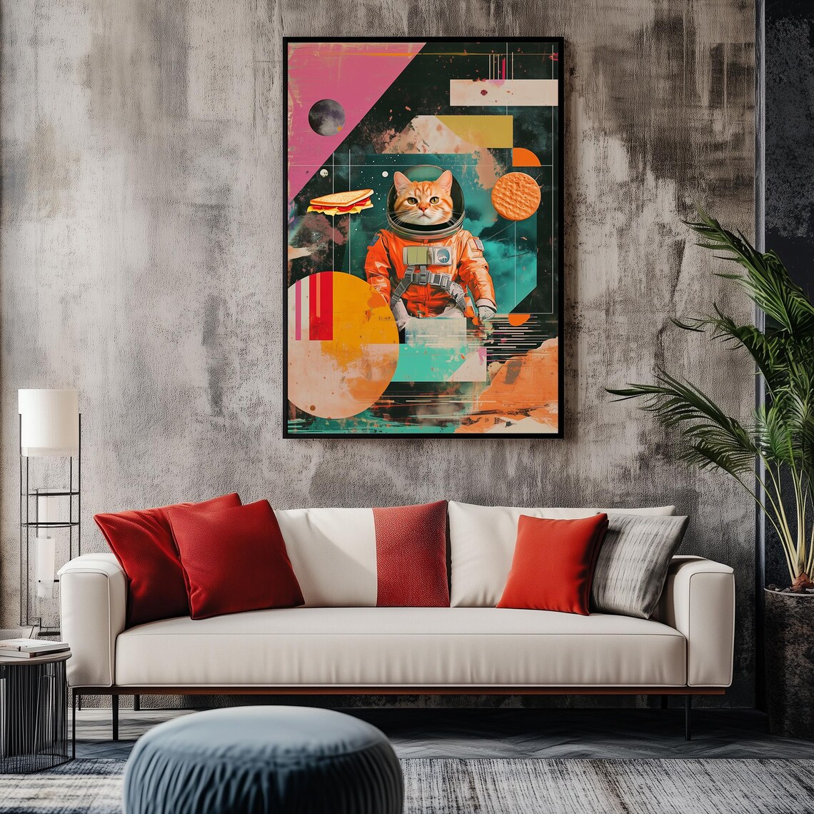 Orange Cat Astronaut Collage With Floating Sandwich and Planets Poster - Image 2
