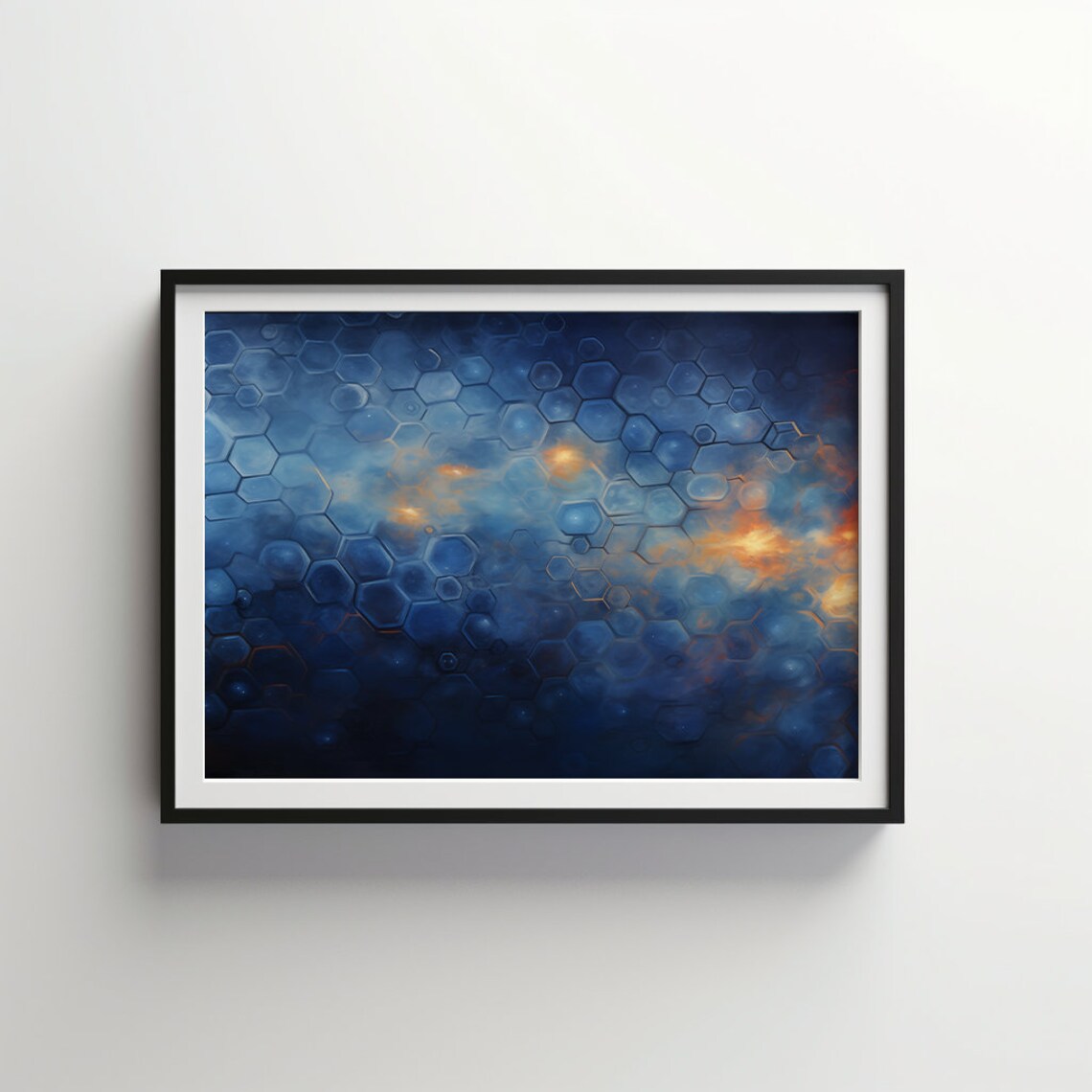 Cosmic Honeycomb Cells Deep Blue with Gold Abstract Art Poster