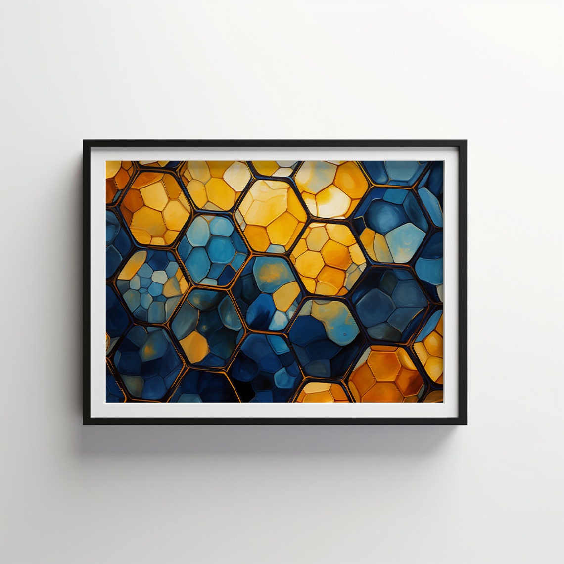 Stained Glass Honeycomb Cells Blue Gold Pattern Abstract Art Poster