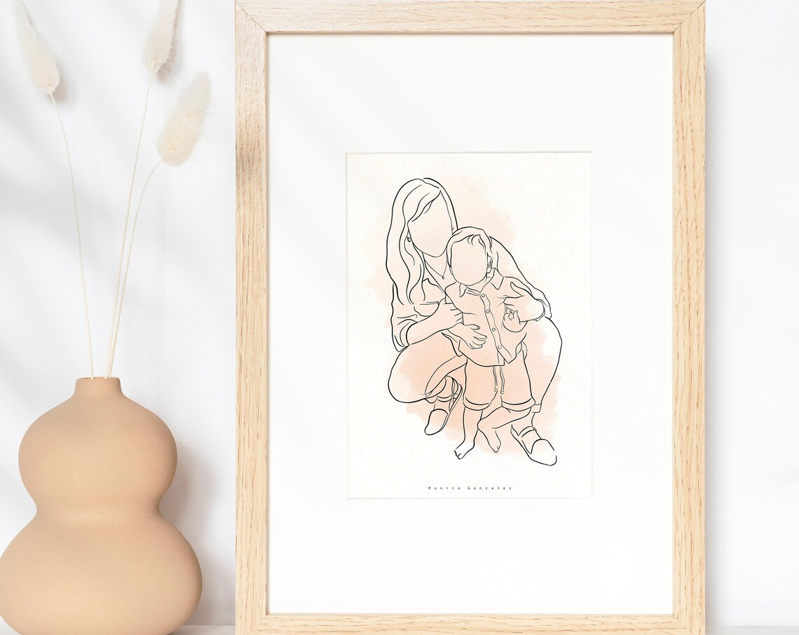 Faceless Mother and Child Hug Watercolor Line Art Gift Poster