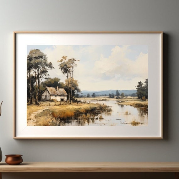 Vintage Lake House Oil Painting Rustic Landscape Art For Home Dcor Wall Art
