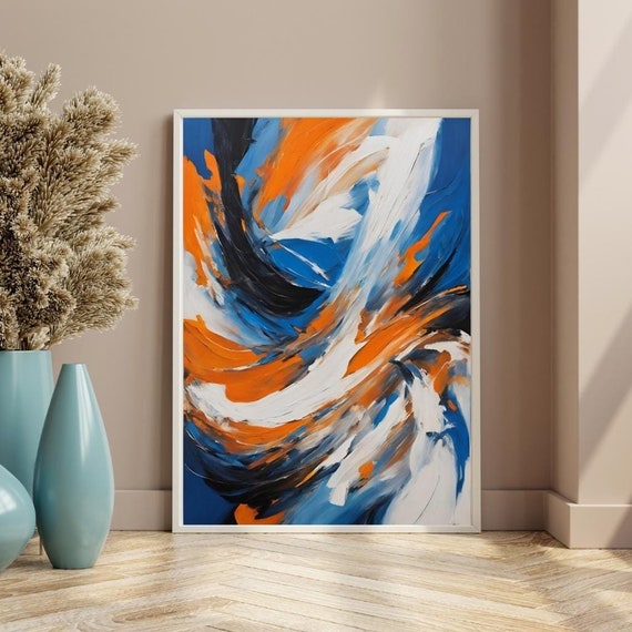 Bold Navy And Orange Elegance Abstract Wall Art Modern Brush Strokes Painting For Eclectic Minimalist Home Decor