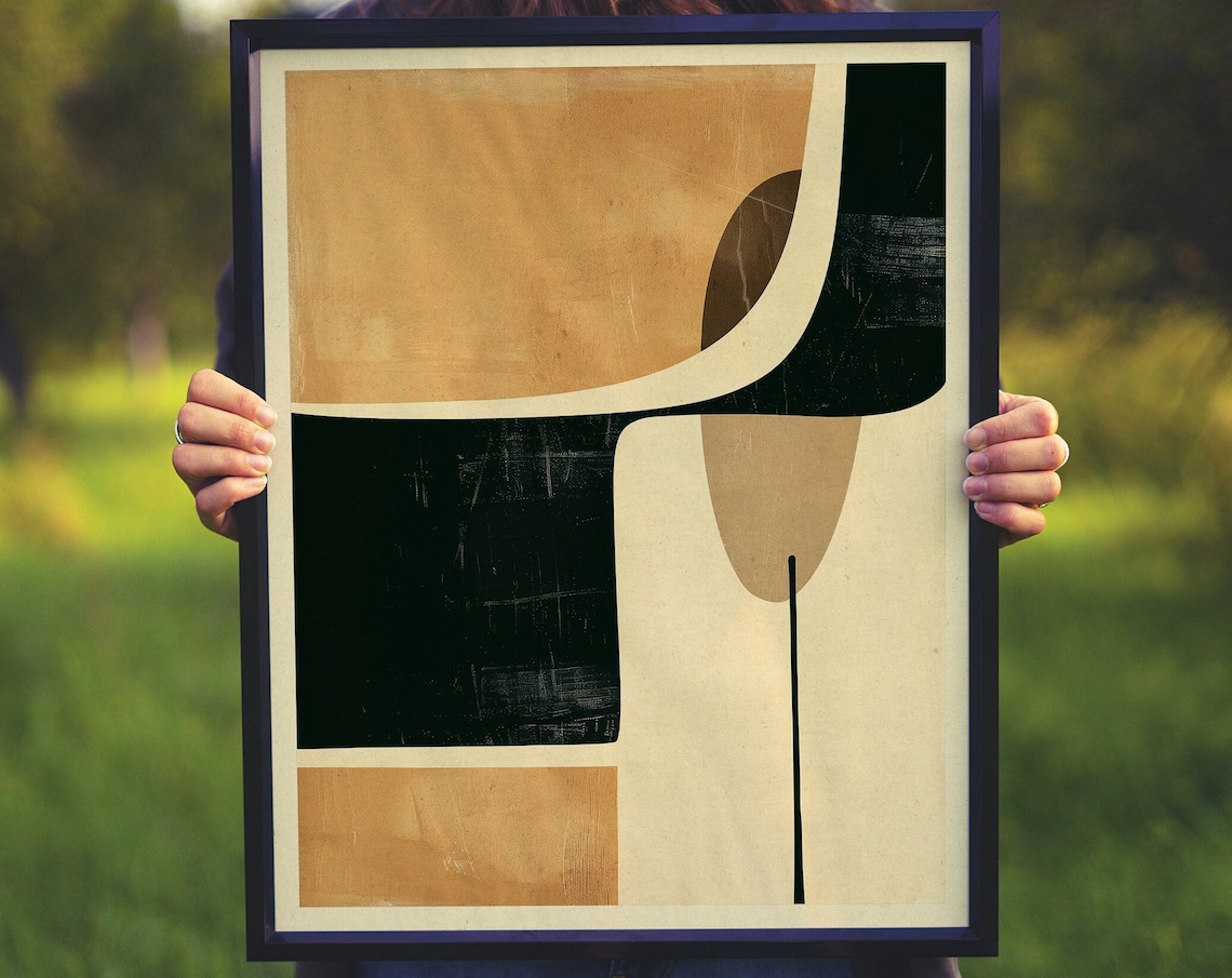 Tan and Dark Teal Organic Shapes Mid Century Modern Art Poster