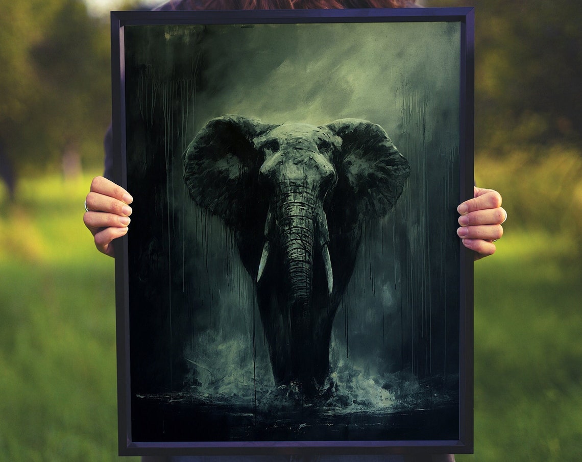 Elephant Emerging in the Rain Moody Monochrome Wildlife Art Poster - Image 4