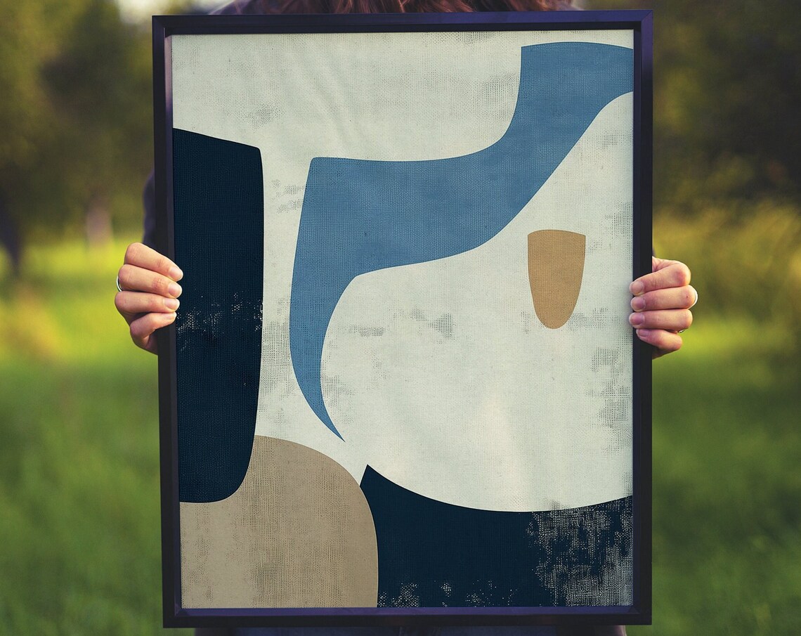 Blue Cream and Navy Organic Shapes Mid Century Modern Art Poster