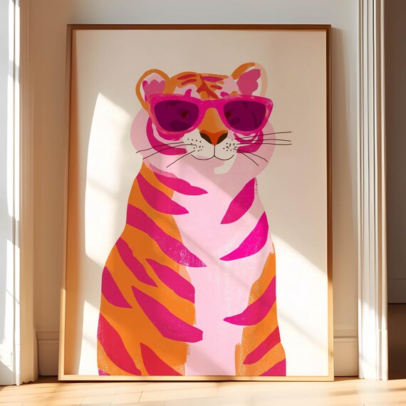 Pink Tiger Art Print Preppy Wall Kids Girly Coquette Room Decor Pastel Retro