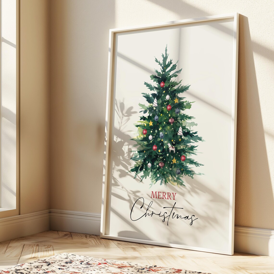 Merry Christmas Watercolor Tree Red Gold Ornaments Holiday Wall Art - Image 4