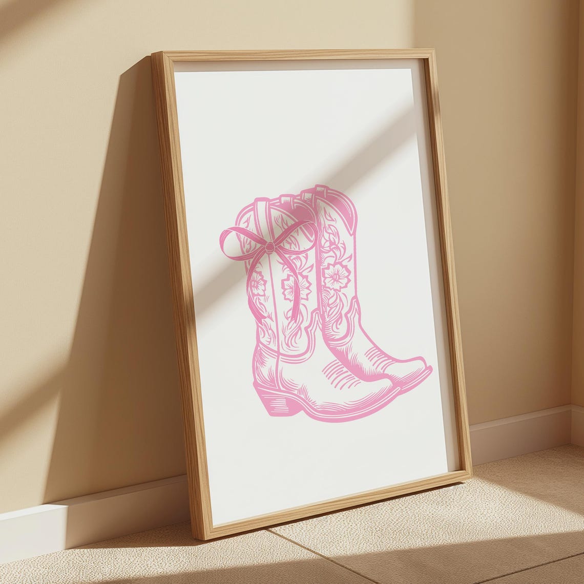 Pink Cowboy Boots Western Line Art Girly Boho Room Decor Poster