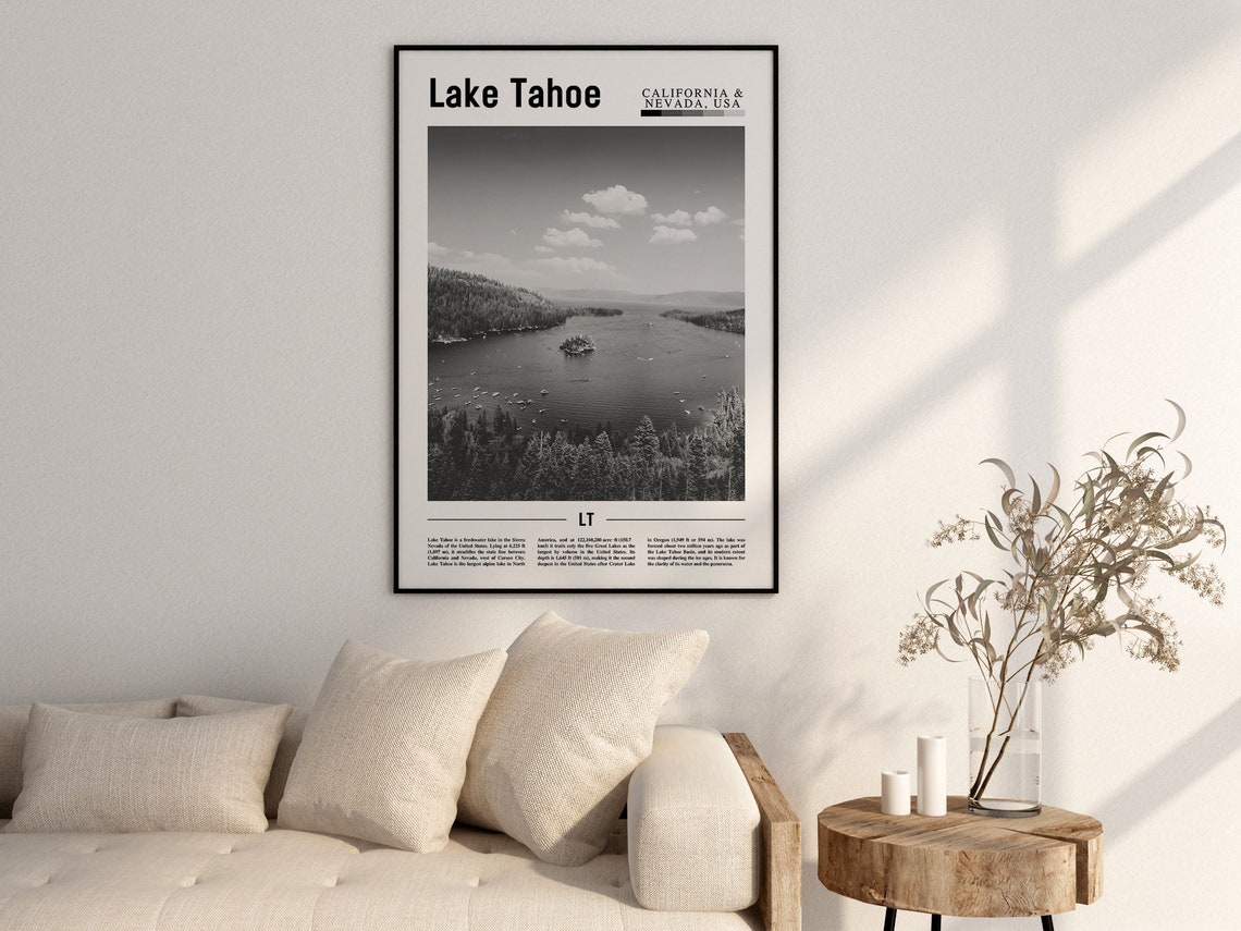 Lake Tahoe Poster Black And White Lake Tahoe Print Black And White Lake Tahoe Wall Art Minimal Travel Print Travel Poster - Image 2
