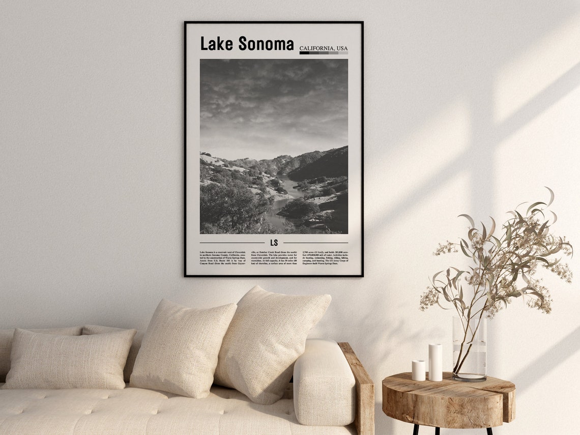 Lake Sonoma Poster Black And White Lake Sonoma Print Black And White Lake Sonoma Wall Art Minimal Travel Print Travel Poster - Image 2