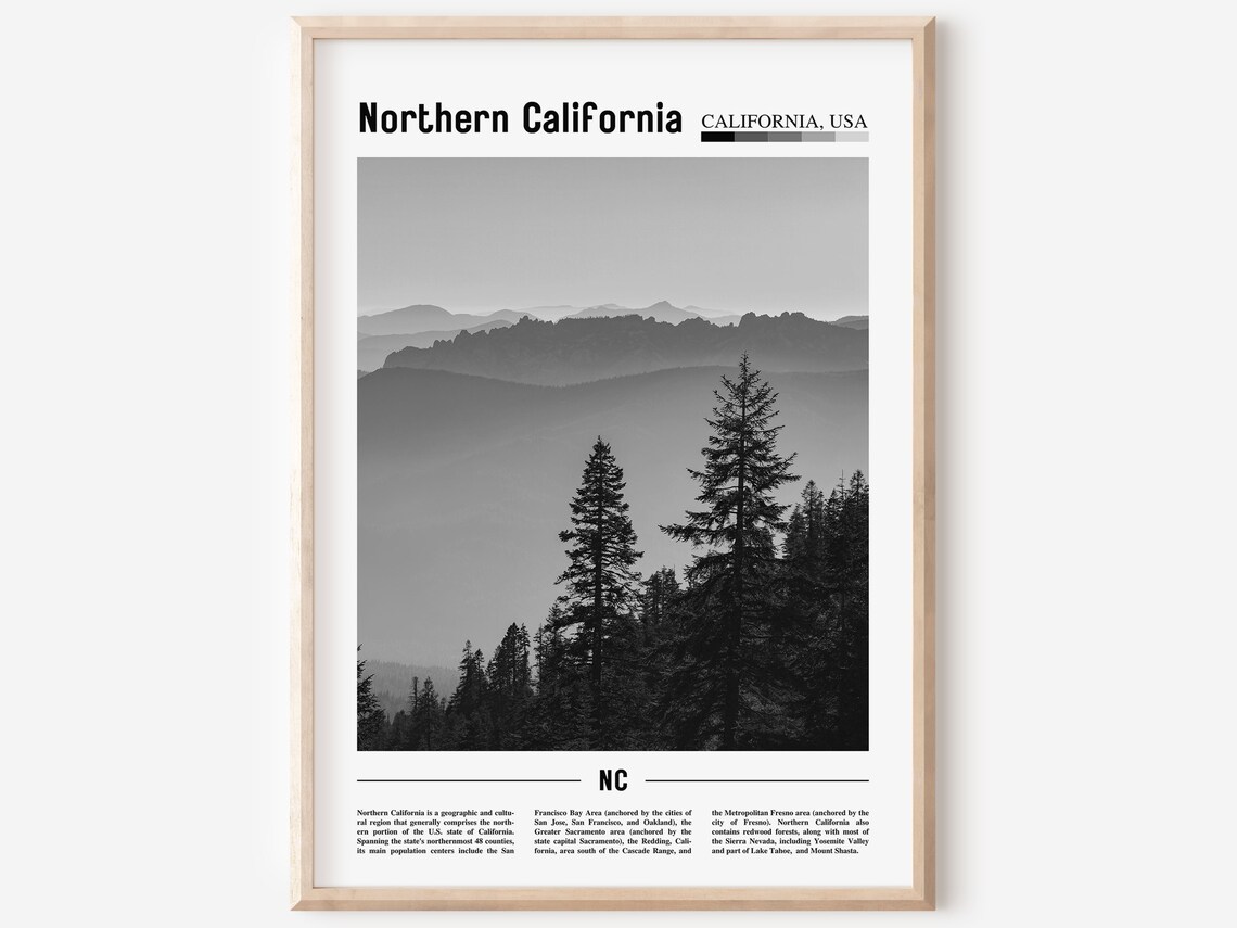 Northern California Poster Black And White Northern California Print Black And White Northern California Wall Art Minimal Travel Print