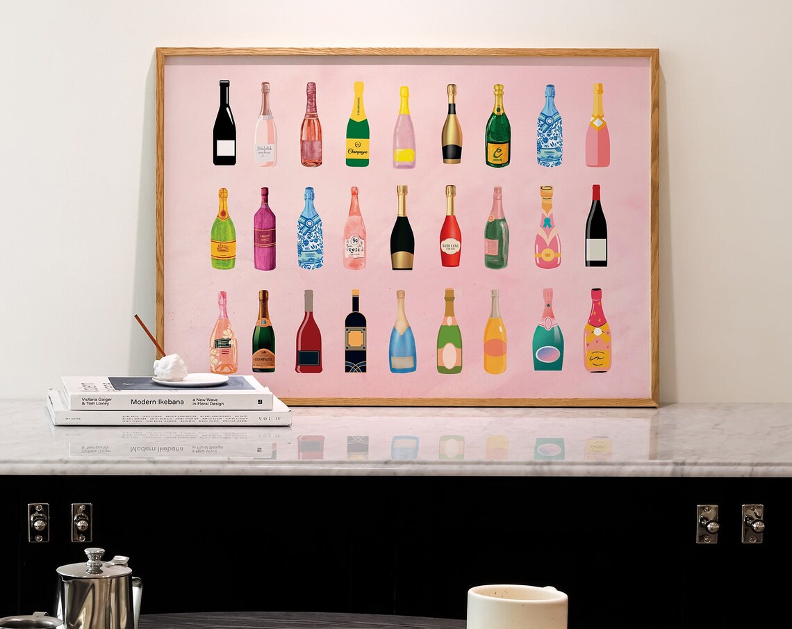 Preppy Pink Champagne Bottle Collection Bar Cart Decorative Wall Poster