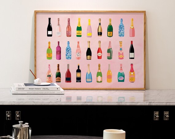 Retro Vintage Champagne Posteraesthetic Girly Bar Cart Artpreppy Pink Posterschampagne Posterswine Bottle Cute Girly Posterbar Art