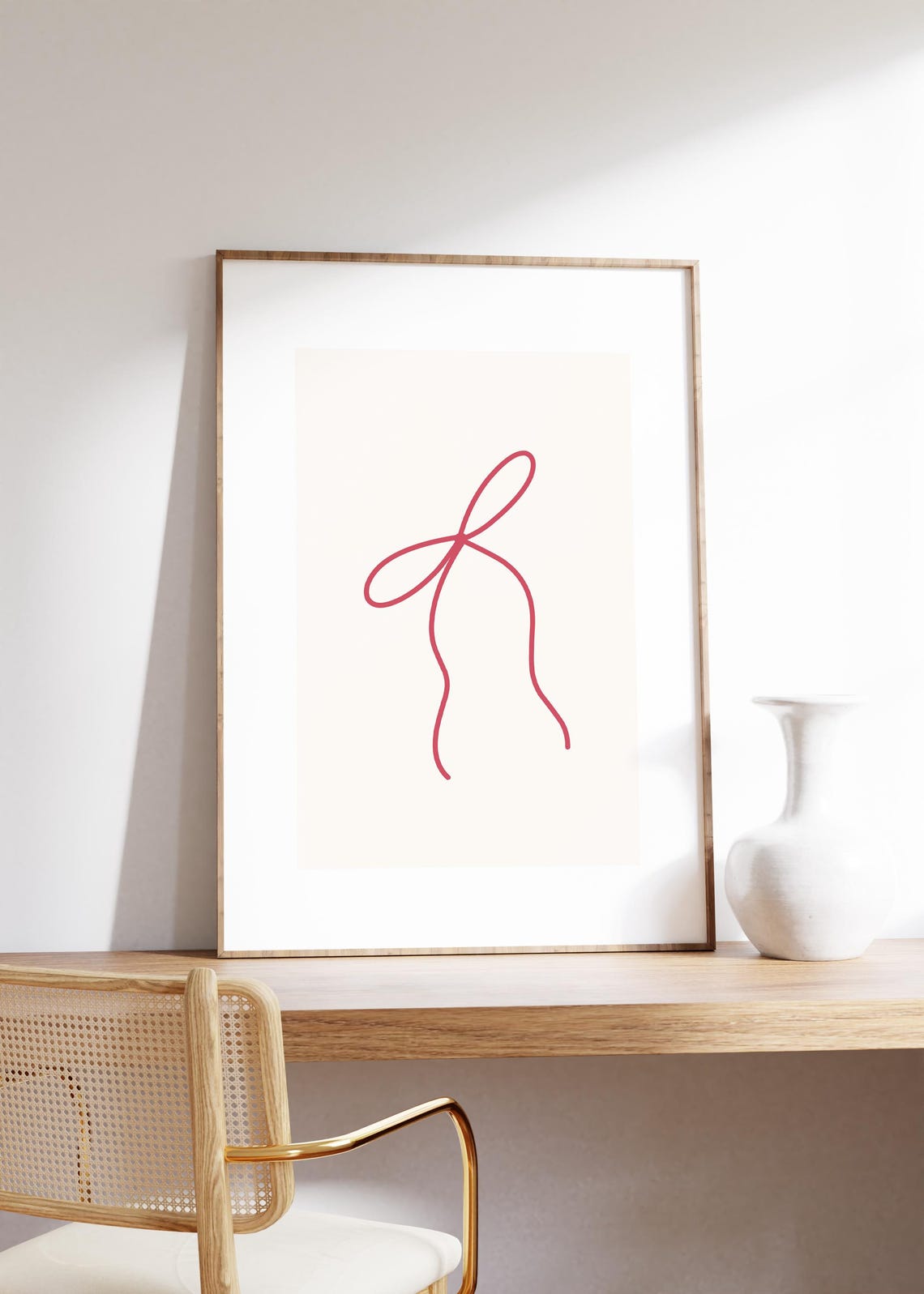 Minimalist Red Bow Line Drawing Poster on Warm Cream Background - Image 2
