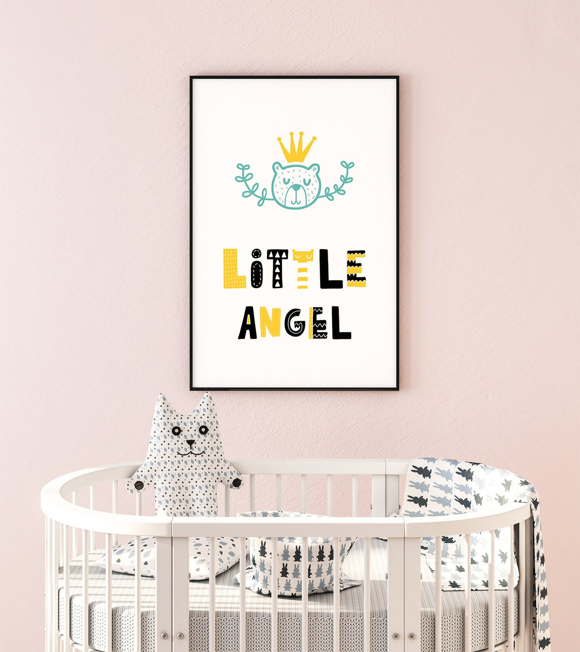 Little Angel Crowned Bear Nursery Poster Yellow Black Kids Room Decor - Image 2