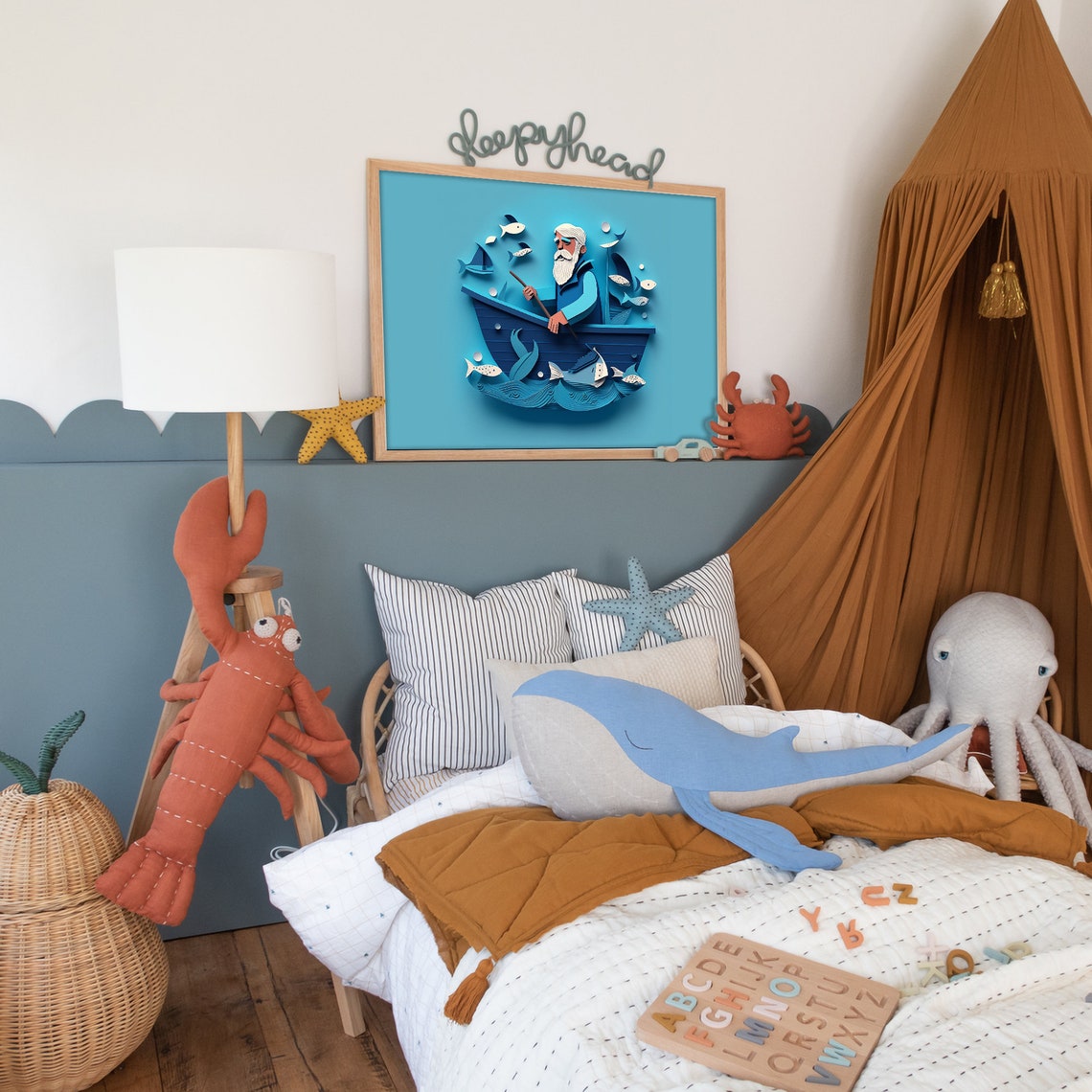 Fisherman Rowing Scandi Blue Boat Paper Cut Kids Room Art Poster - Image 2