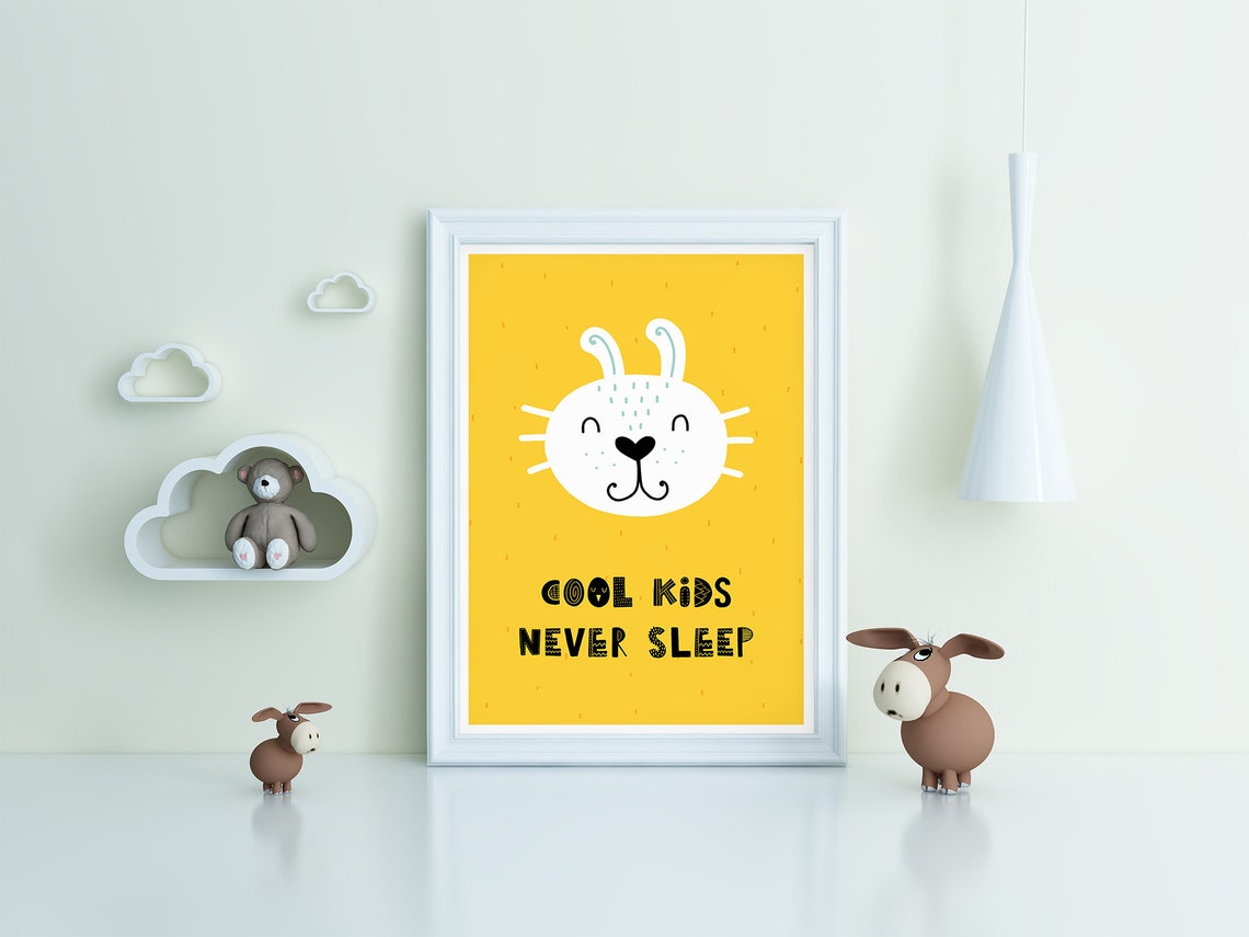 Cool Kids Never Sleep Bunny Poster Yellow Kids Bedroom Playroom Decor - Image 3