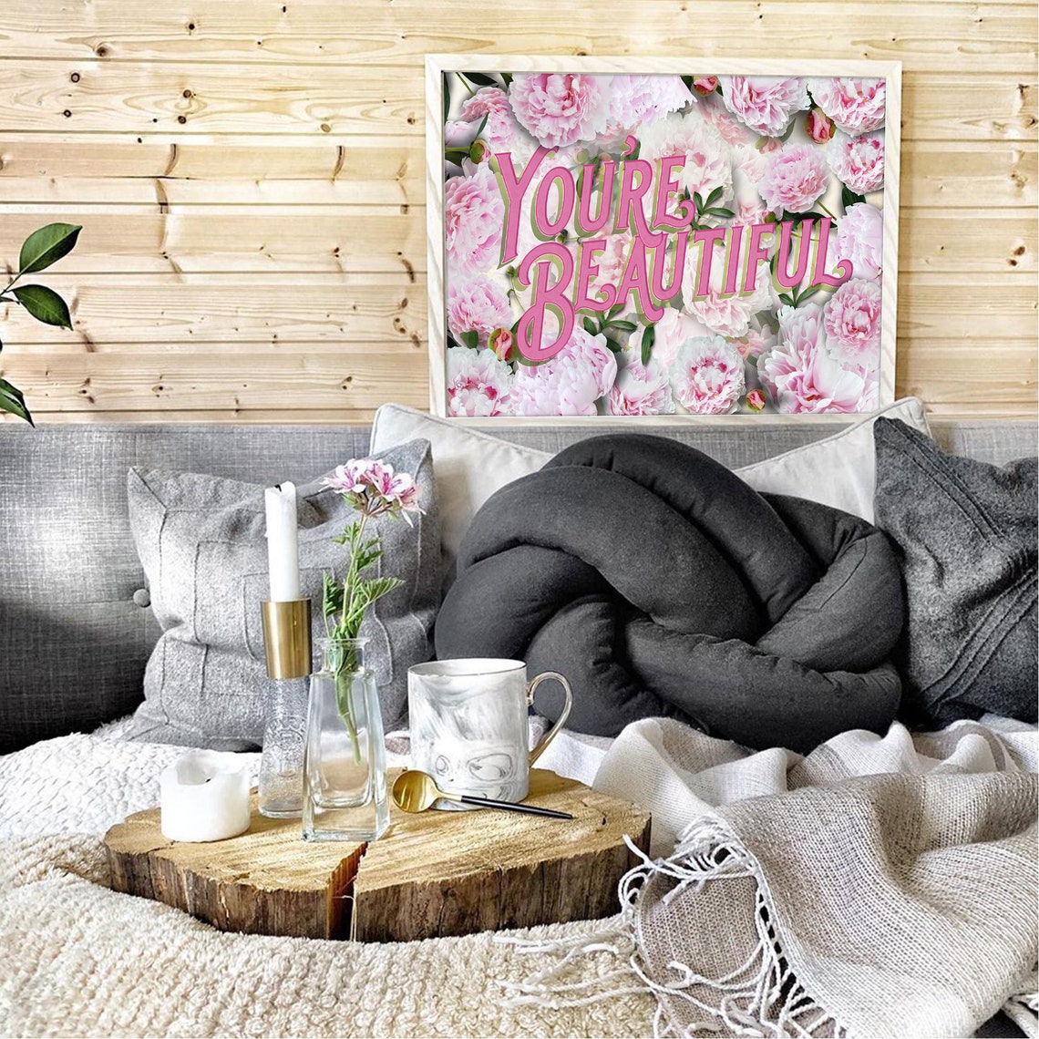 You're Beautiful Pink Typography Over Blush Peonies Quote Poster - Image 3
