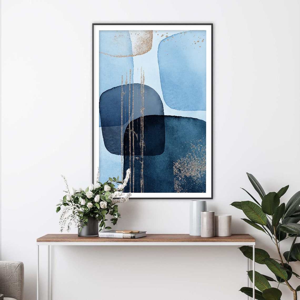 Blue Abstract Watercolor Shapes Gold Lines Modern Decor Poster - Image 2