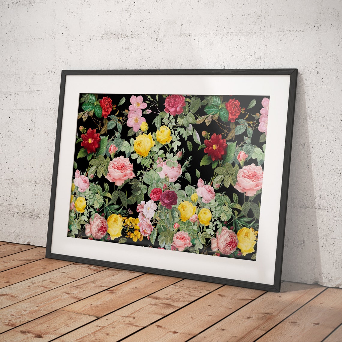 Vintage Roses with Yellow and Red Dahlias on Black Art Poster - Image 4