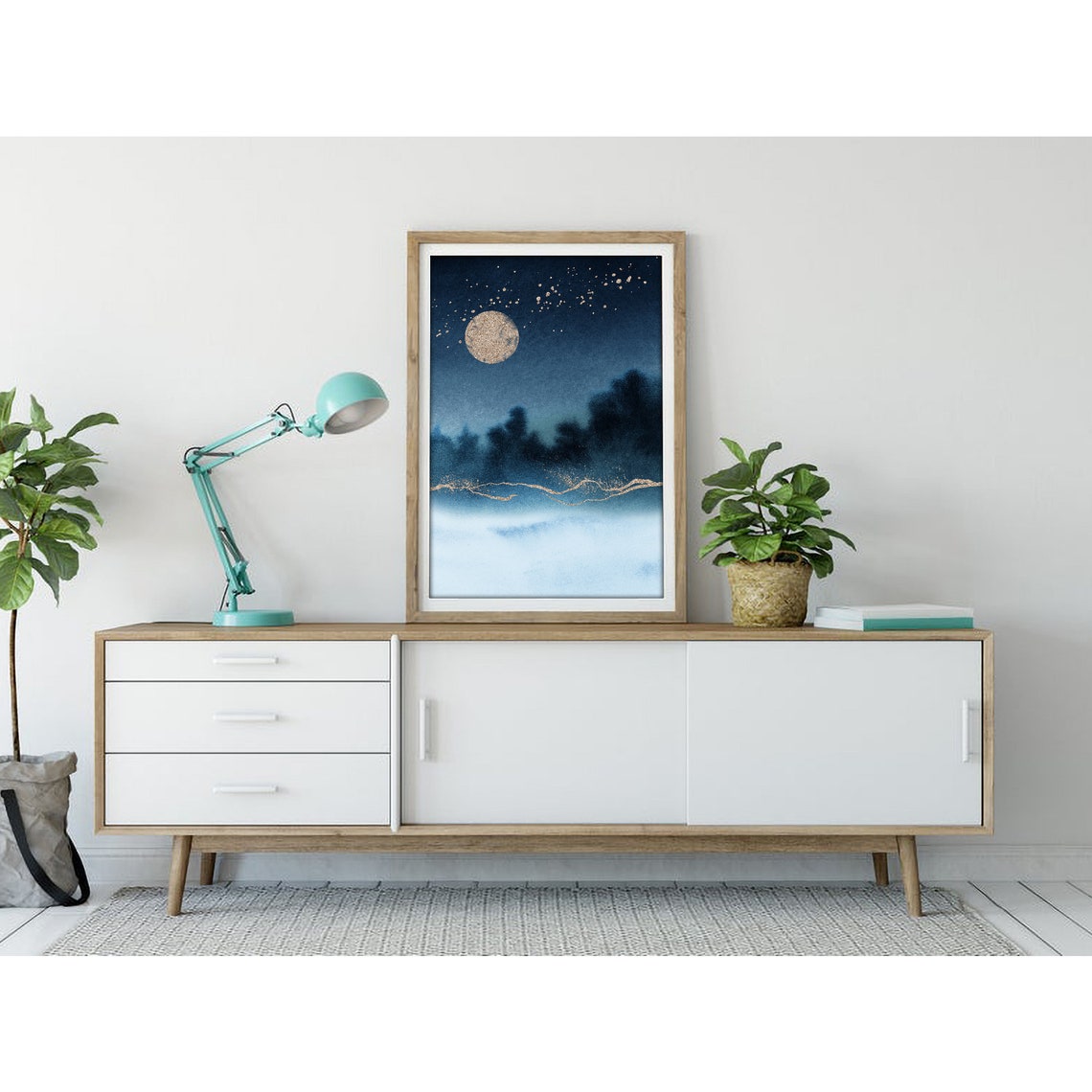 Golden Moon Over Misty Lake Night Watercolor Landscape Poster - Image 3