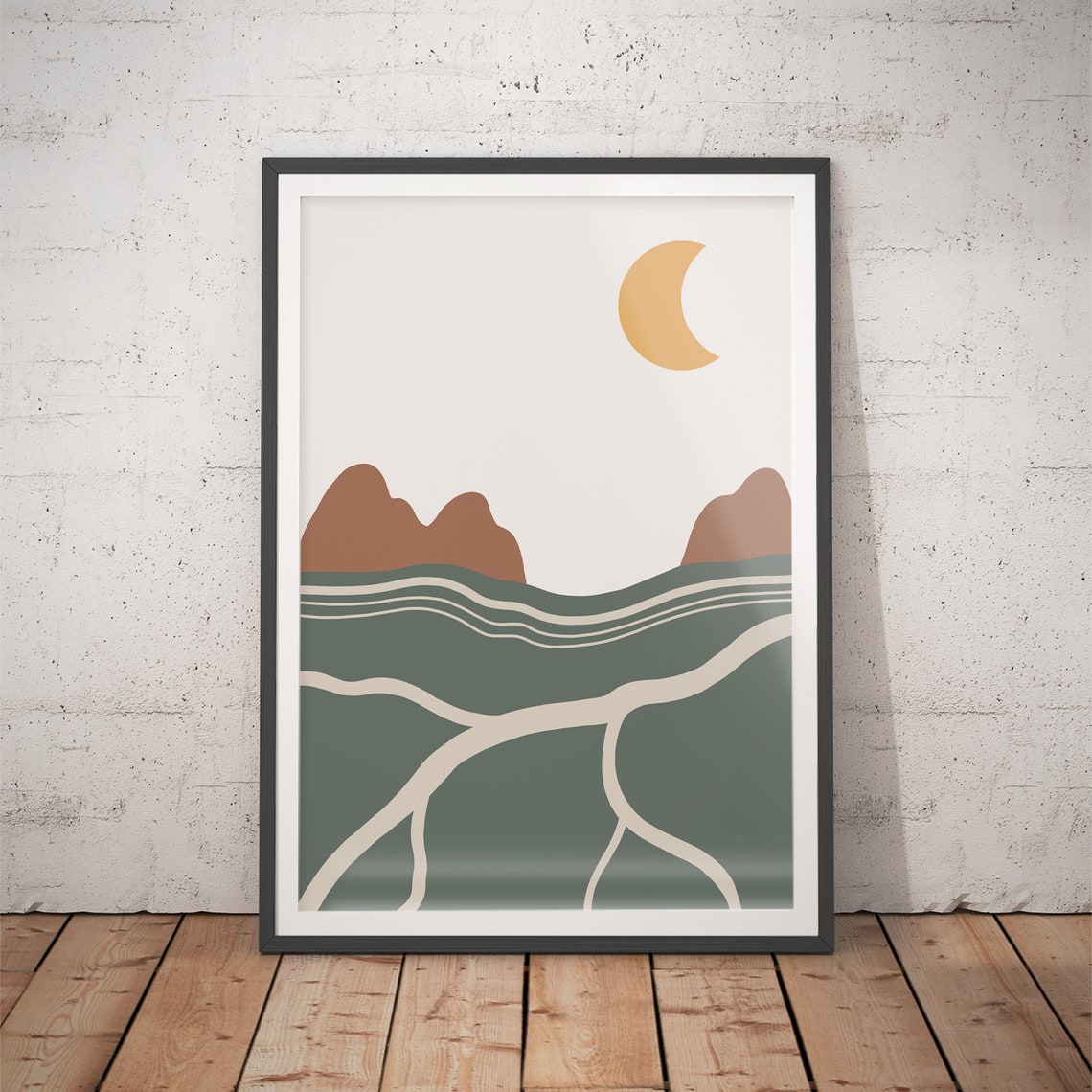 Crescent Moon Over Sage Green Hills And Valley Modern Landscape Poster