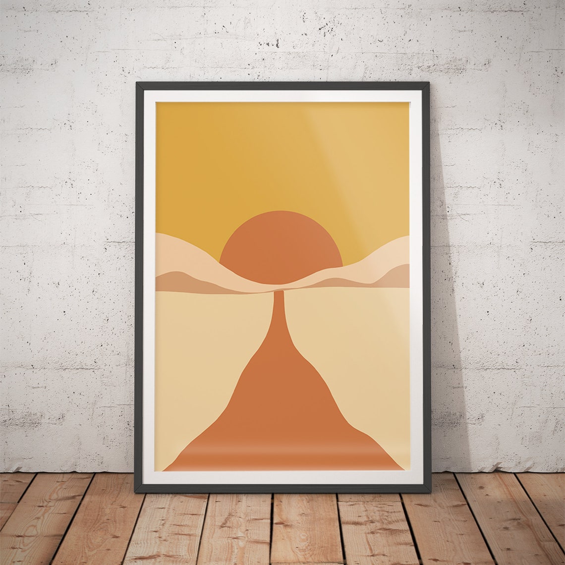 Golden Sun Setting Over Desert Dunes Mid Century Boho Art Poster