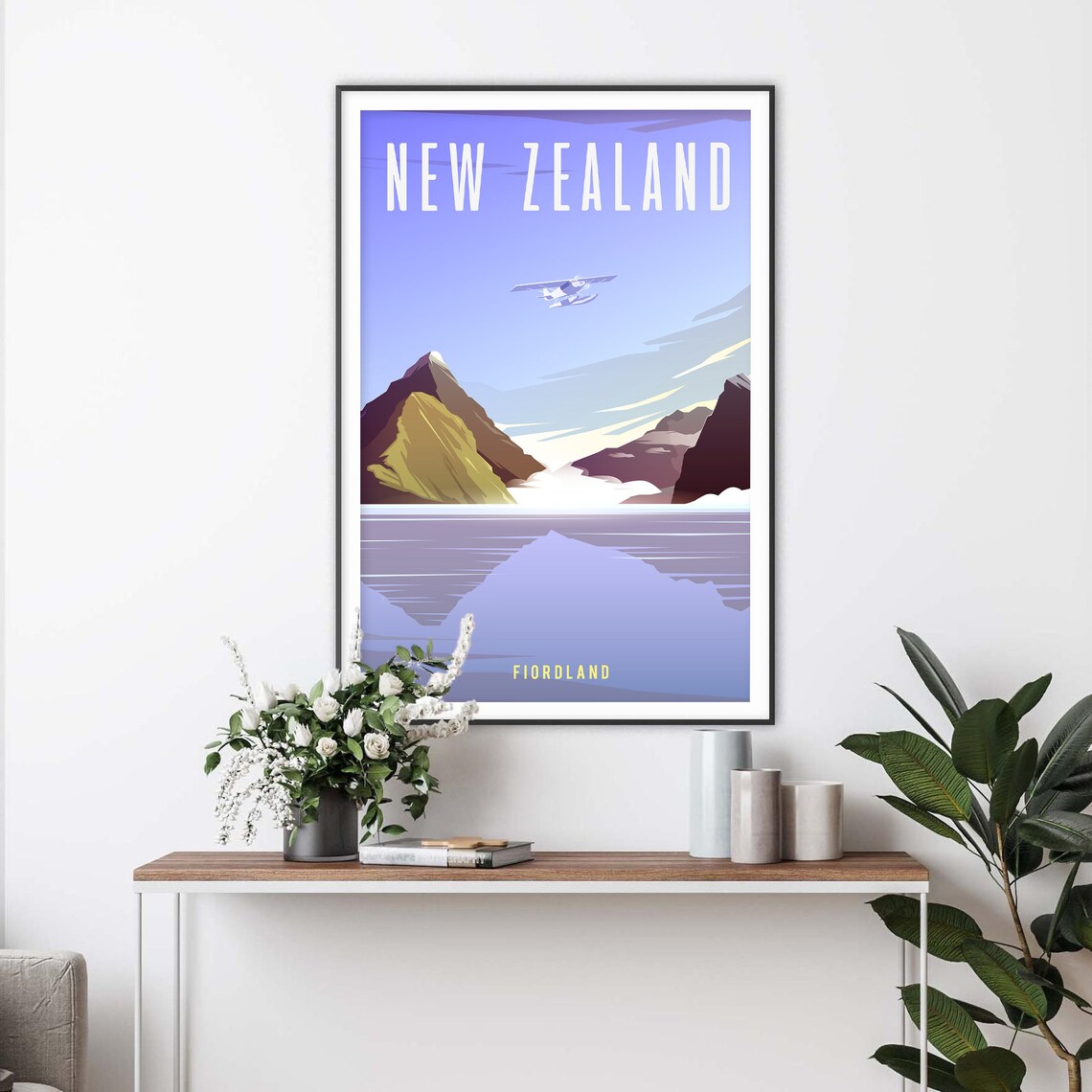 New Zealand Fiordland Mountain Lake Seaplane Vintage Travel Poster - Image 2