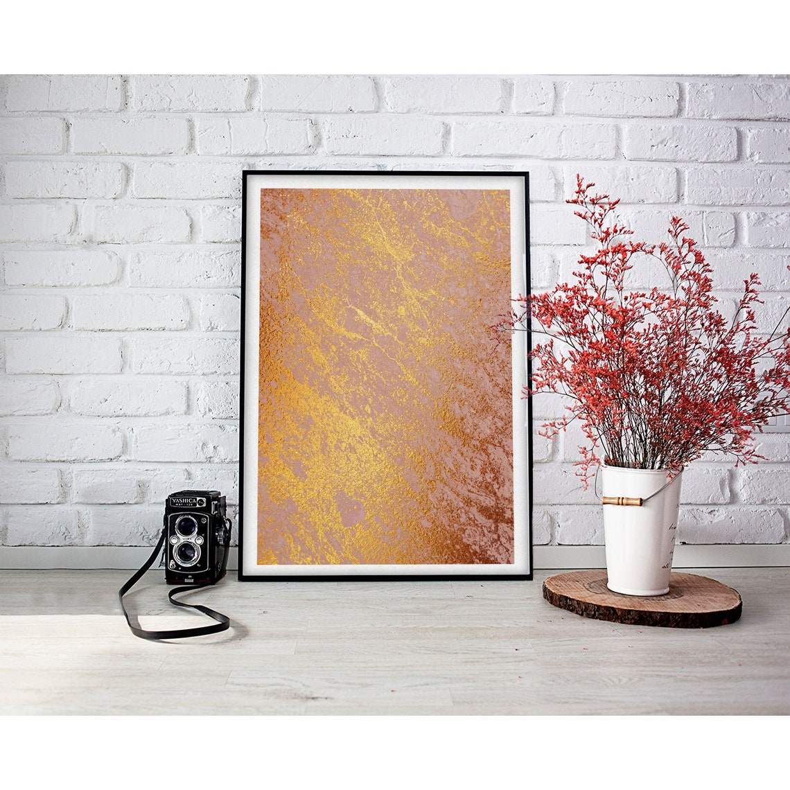 Rose Pink Gold Foil Marble Diagonal Textured Glam Abstract Poster - Image 2