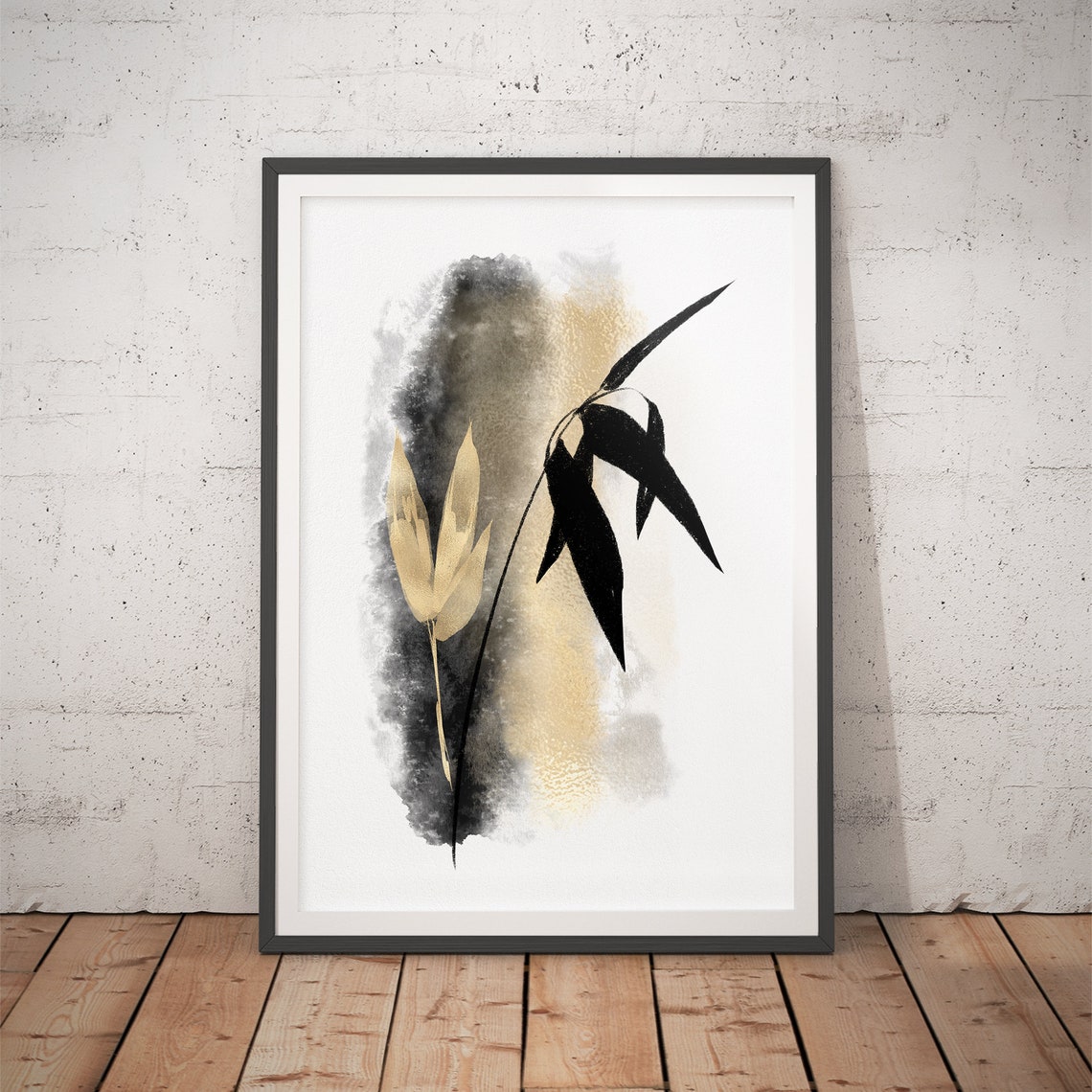 Black Bamboo Stem with Gold Buds Minimalist Japanese Art Poster