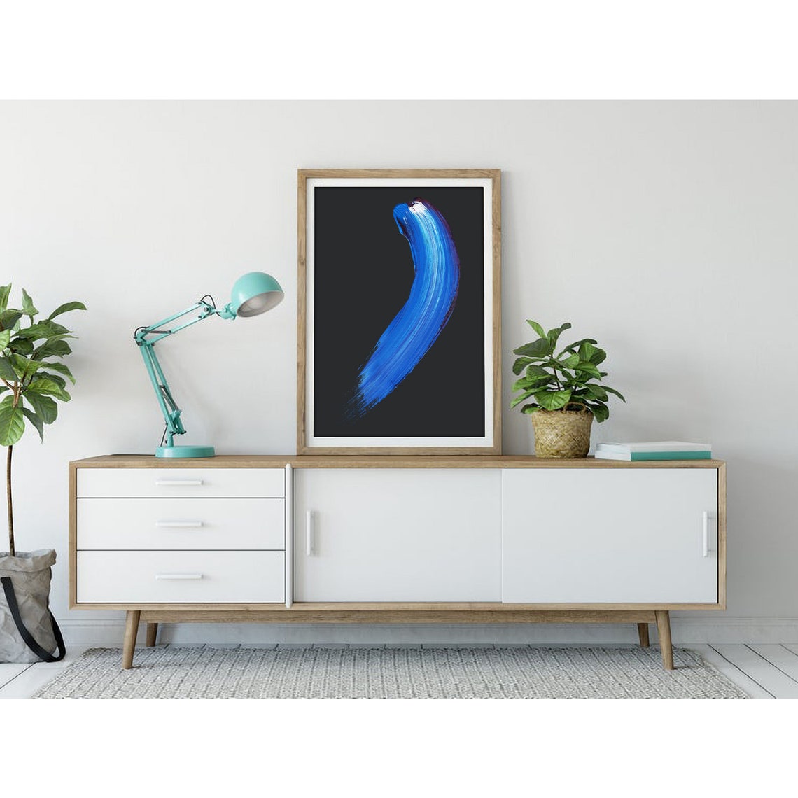 Cobalt Blue Curved Paint Stroke Brushstroke Art on Black Poster - Image 3