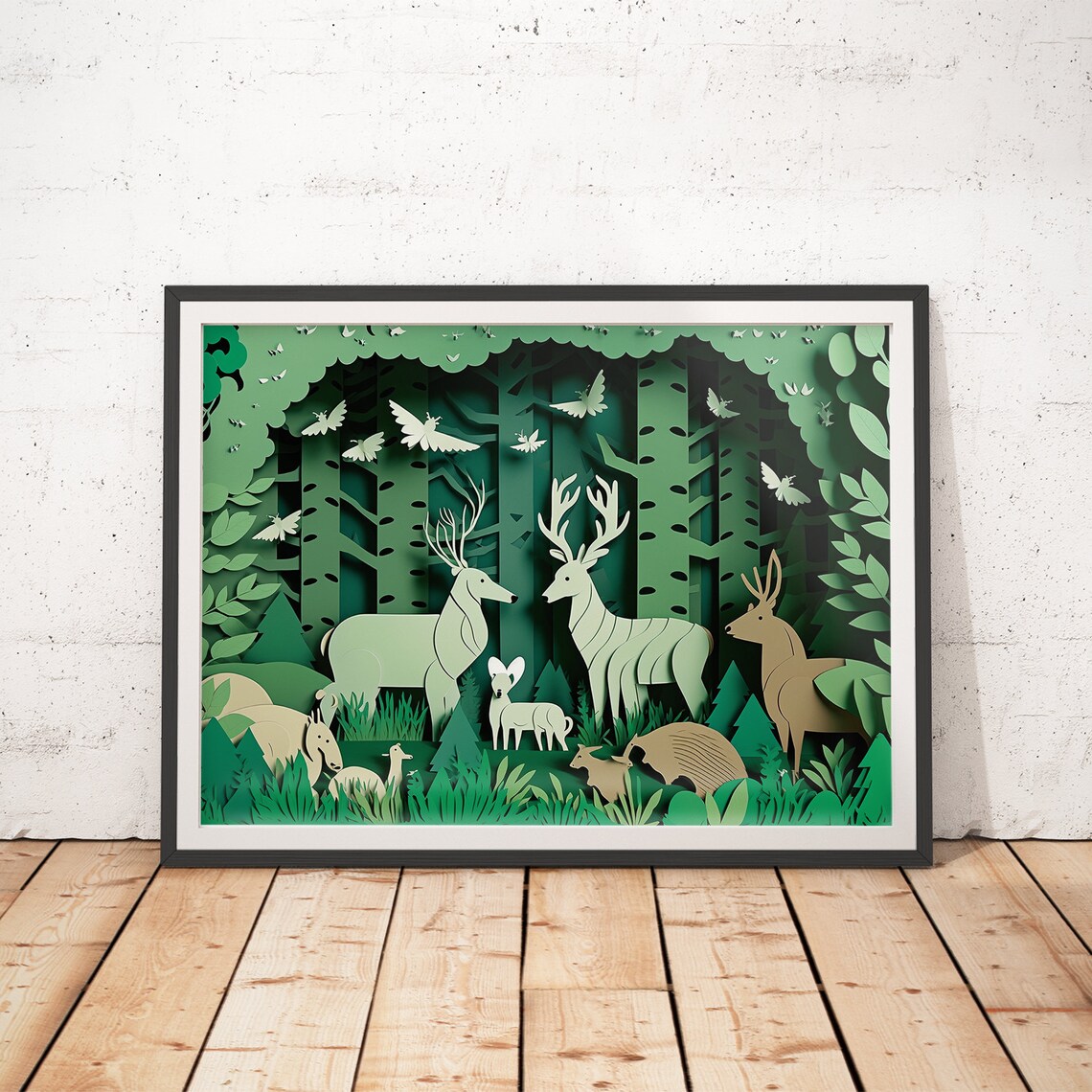 Layered Forest Paper Cut Deer Woodland Nursery Kids Room Poster