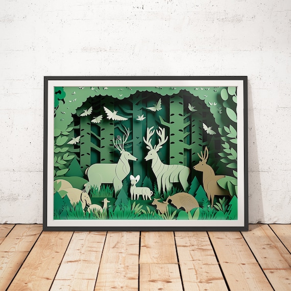Layered Forest Paper Cut Deer Woodland Nursery Kids Room Poster