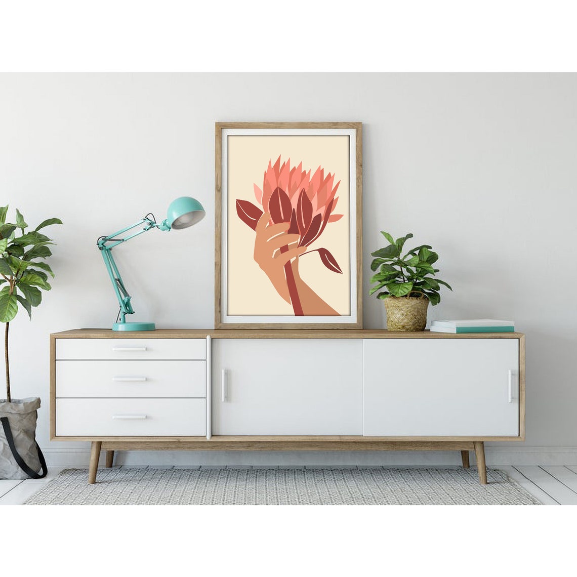 Stylized Hand Holding Coral Protea Flower Poster for Modern Home Decor - Image 3