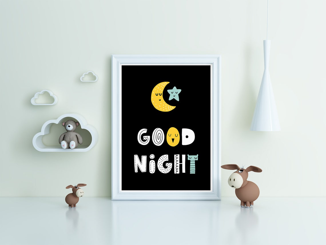 Good Night Moon And Star Nursery Poster Black Night Kids Bedroom Decor - Image 3