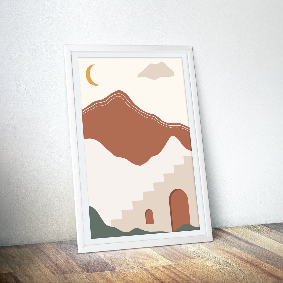 Crescent Moon Over Terracotta Mountain Village Stairs White Poster - Image 4