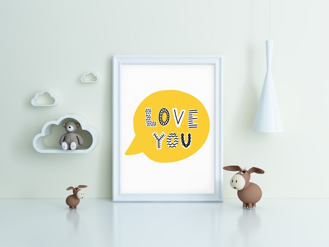 Love You Bright Yellow Speech Bubble Scandi Nursery Art Poster - Image 3
