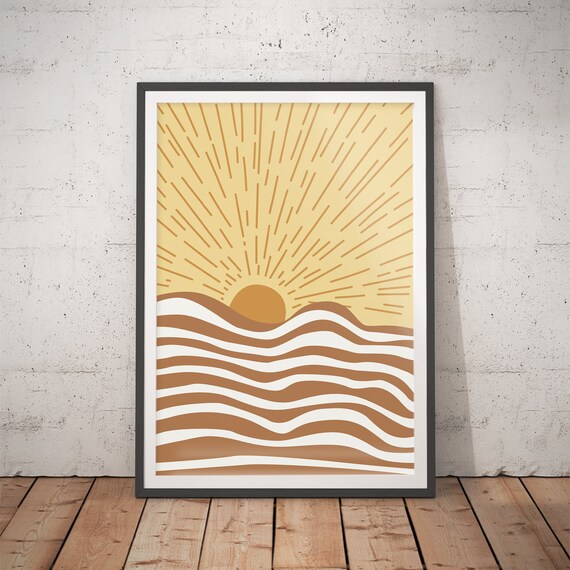 Golden Sunburst Rising Over Striped Ocean Waves Retro Art Poster