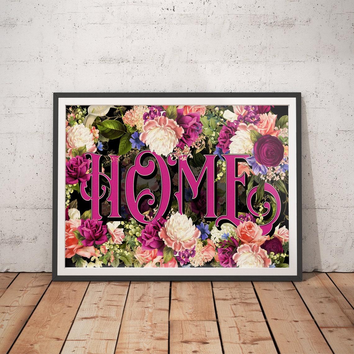 Home Pink Lettering Over Lush Floral Bouquet Decorative Poster