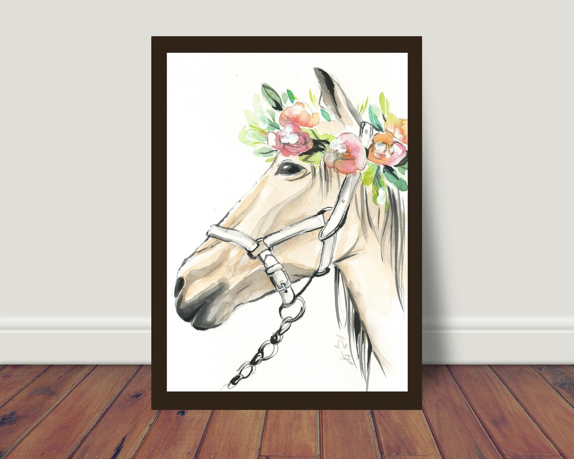 Horse with Flower Crown Watercolor Floral Equine Art Print Blossom Decor - Image 2