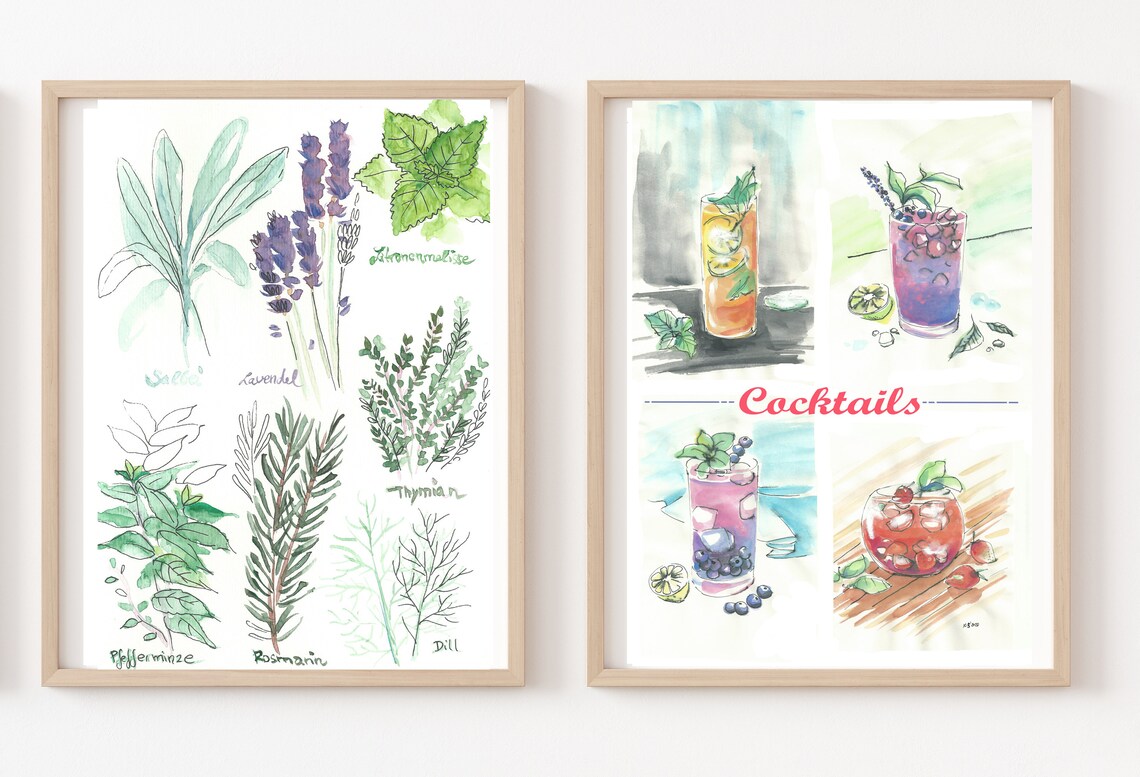 Hand Painted Cocktails Four Drink Watercolor Bar Cart Poster - Image 2