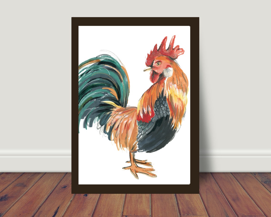 Rooster Gockel Picture Poster A4 21 X 30 Cm Watercolor Print Decoration Gift Chicken Coop Hand Painted Animal Picture Art Print Country Life Village Black Forest