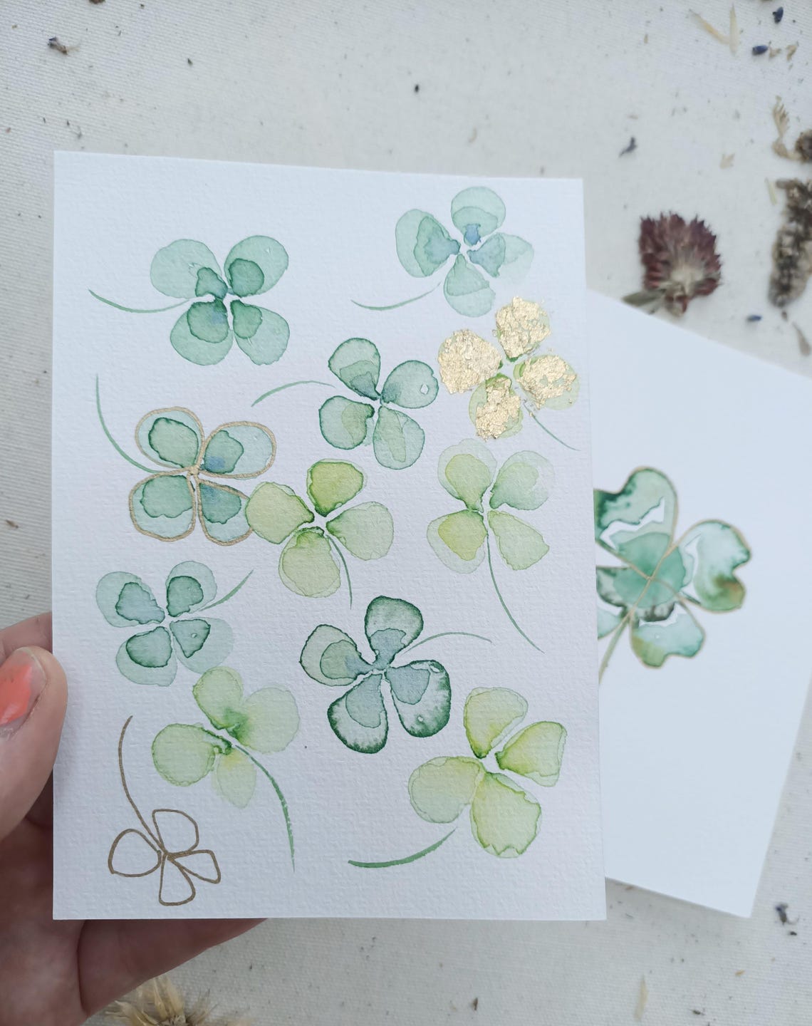 Hand Painted Four Leaf Clover Gold Outline Watercolor Card Poster - Image 2